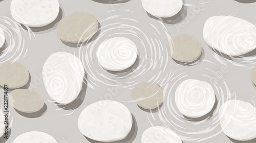 Seamless zen pattern with smooth white stones and circular water ripples on a neutral beige gray background, calm spa inspired surface design