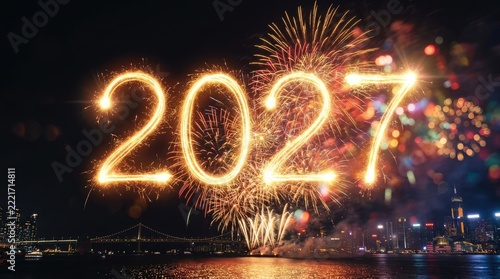 A brilliant new year's eve celebration welcoming 2027 with spectacular fireworks and glowing lights