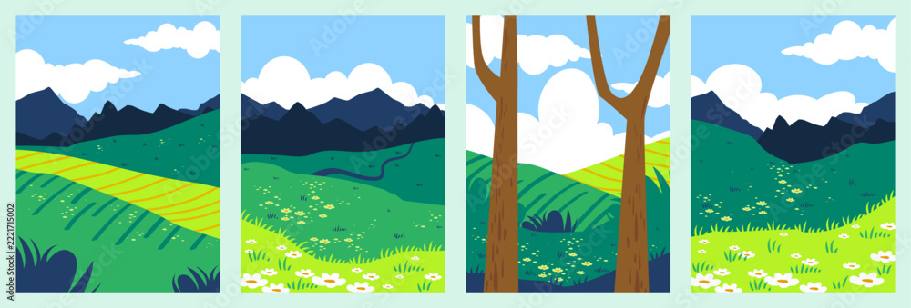 Naklejka premium Vector illustration of four vertical nature landscapes with green meadows, mountains, wildflowers, trees and blue sky in bright scenic style