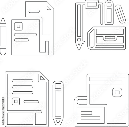 Set of four outline featuring various documents, stationery, and writing tools arranged on a clean white background