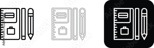 Set of three featuring a notebook, a ruler, and a pencil, displayed in solid black, thin line outline, and white on black square