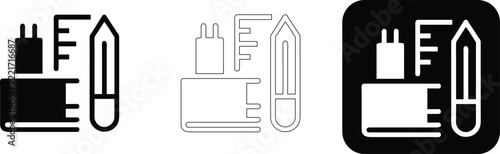 Stationery set featuring a ruler, a pencil, and a small notebook, presented in solid black, thin line outline, and white on black square