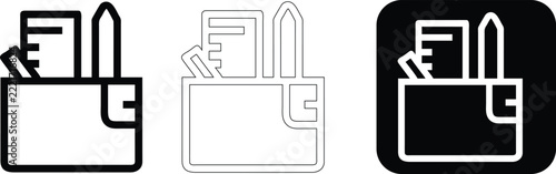 Stationery holder containing a ruler and a pencil, displayed in three styles including solid black, thin line outline, and white on black