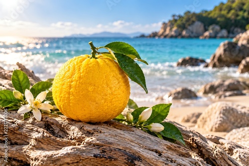 Fresh yellow yuzu fruit with white blossoms on driftwood at tropical