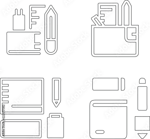 Four outline depicting various office and school stationery supplies including notebooks, rulers, pencils, and erasers on white background