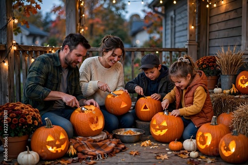 Family carving pumpkins on porch at dusk