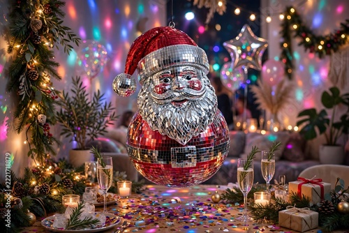 Disco-ball Santa decoration at festive Christmas party