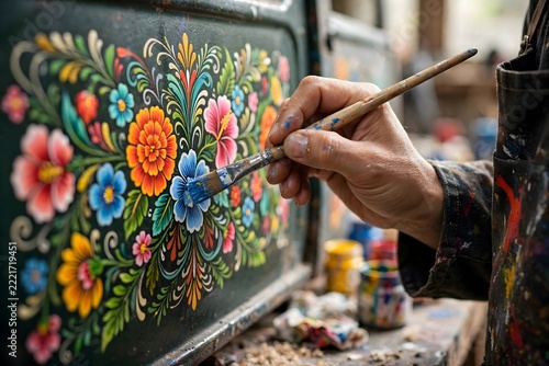 Truck artist hand-painting floral designs on truck