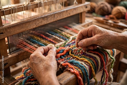 Weaver hands working on traditional loom with wool
