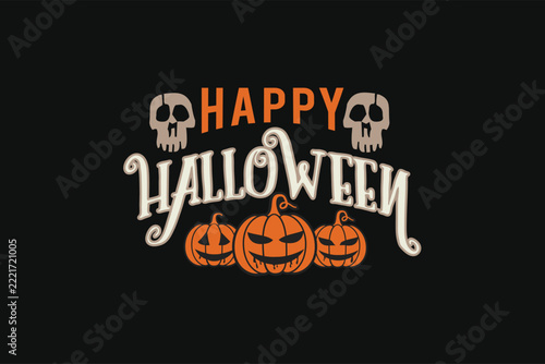 A festive halloween typographic design features grinning jack o lanterns and decorative skull ornaments autumnal calligraphy