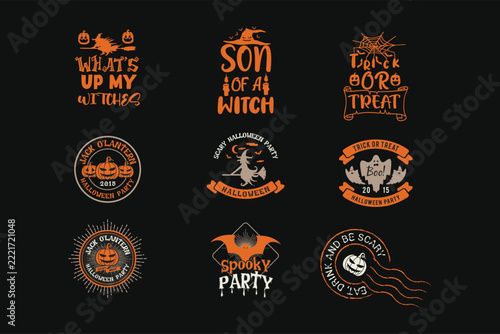 Collection of halloween themed vector illustrations featuring spooky phrases and vintage emblems jackolantern witch broom party