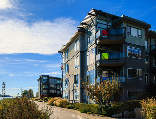 Buildings along a pathway in an apartment complex in Richmond, British Columbia, Canada