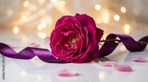 Elegant Pink Rose with Purple Awareness Ribbon