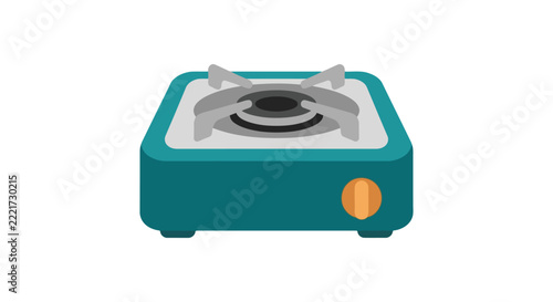 Portable gas stove with burner grate is depicted in a flat vector illustration
