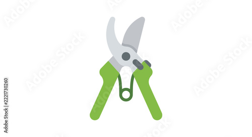 Pruning shears with green handles are displayed as a flat vector illustration