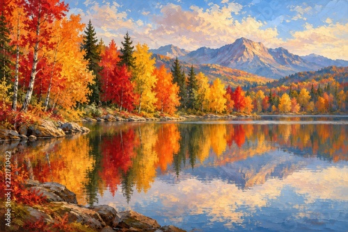 Autumn forest reflected on tranquil lake with colorful fall foliage, serene landscape oil painting for nature lovers and seasonal home decor