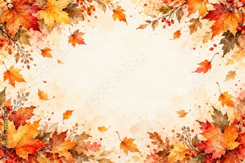 Autumn watercolor maple leaf border with falling foliage for thanksgiving harvest celebration invitations, menus, and seasonal greetings