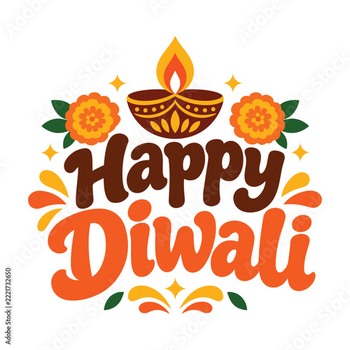 Happy Diwali Bold Retro Groovy Lettering Typography With Decorative Diya Lamp Marigold Flowers And Sparkles Vector Design