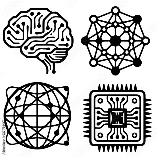 Technology and connectivity symbols featuring brain and circuit board elements