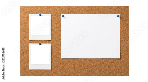 Corkboard with blank paper notes pinned by pushpins, cork bulletin board mockup with empty memo sheets for office messages, school announcements and creative brainstorming isolated on