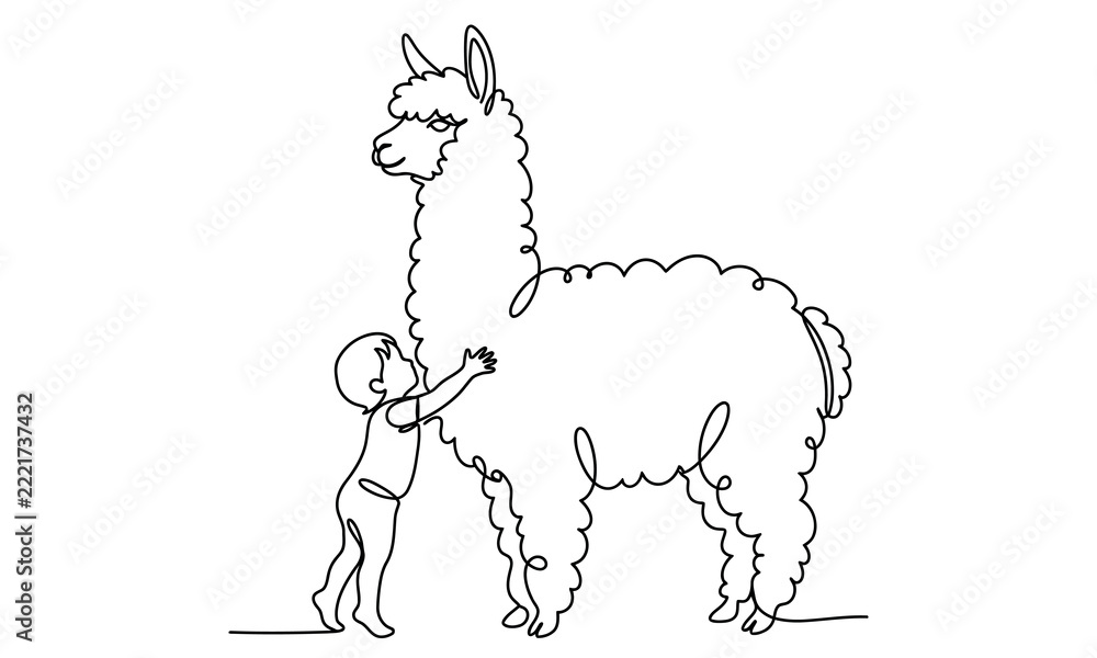Fototapeta premium cute people and animal funny creatures one line art vector editable new design 2026 Child petting a fluffy alpaca with long fur Vector, illustration