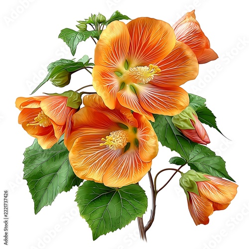 Detailed botanical illustration of orange abutilon blossoms high resolution image