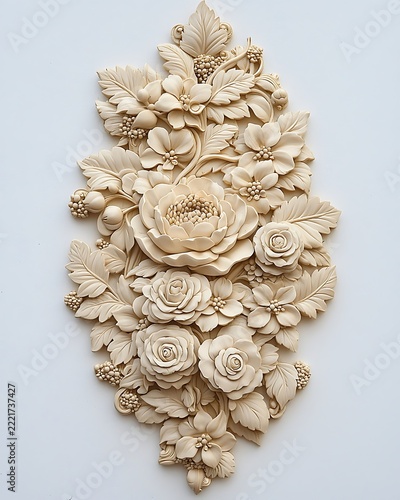 Detailed floral relief carving with elegant roses high resolution image