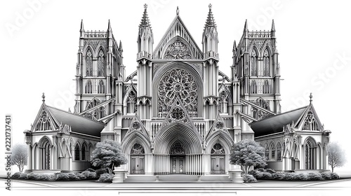 Detailed gothic cathedral architectural sketch on white background high resolution image