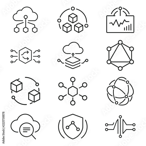 Premium Immutable Ledger Audit Trails And Advanced Zero Knowledge Proof Verification Line Vector Icon Set
