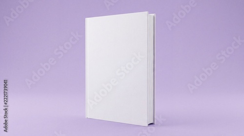 Blank White Hardcover Book Standing Upright on Lavender Purple Background for Book Cover Mockup.