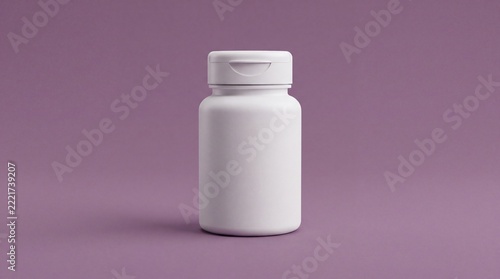 Blank White Plastic Pill Bottle with Flip Top Cap on Muted Purple Background for Packaging Mockup.