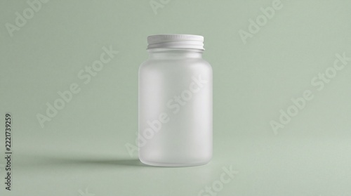 Frosted White Bottle with Ribbed Screw Cap on Soft Sage Green Background for Minimal Packaging Mockup.
