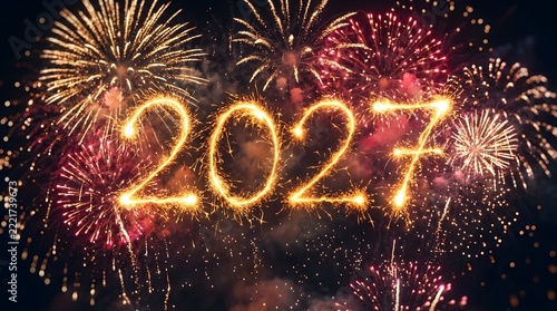 Spectacular nighttime fireworks illuminate the sky, highlighting the dazzling glowing number 2027, symbolizing future joy and grand celebrations