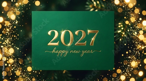 Golden 2027 happy new year text on green card framed by glowing festive bokeh lights glitter and evergreen fir branches