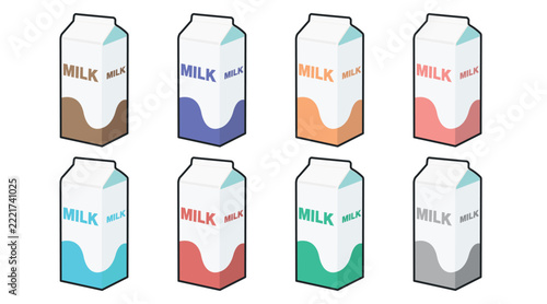 Set of 8 milk carton box vector illustrations. Black line art with flat color fill style on white background. Clean dairy paper packaging collection with assorted colorful labels for milk varieties