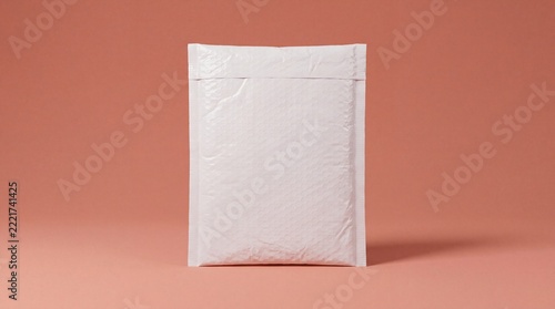 Blank White Padded Bubble Mailer Envelope Standing on Dusty Coral Pink Background.