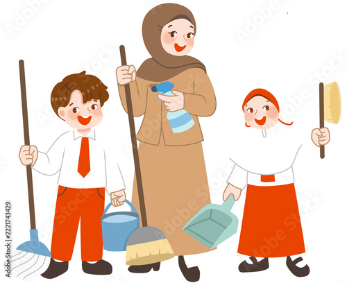 Muslim kids cleaning class with teacher