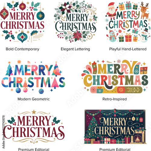 Christmas Typography Lettering Set, Merry Christmas Vector Badge Collection, Holiday Greeting Card Text Designs