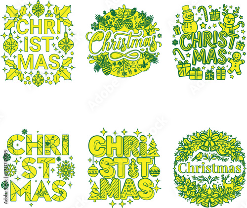Christmas typography set in lime green line art vector, holiday emblem collection for festive greeting card design, winter celebration badges