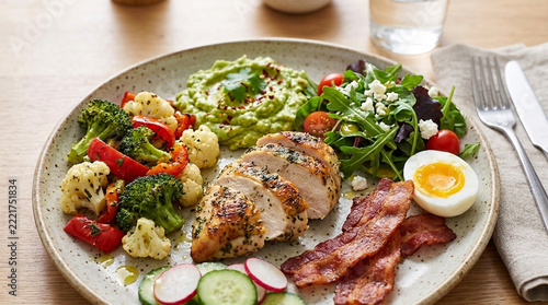 Healthy Ketogenic Meal Plate with Chicken Breast Bacon Avocado Mash Salad and Vegetables
