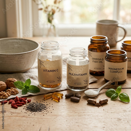 Healthy lifestyle supplements vitamins and natural foods arranged on a wooden table bright natural light from window