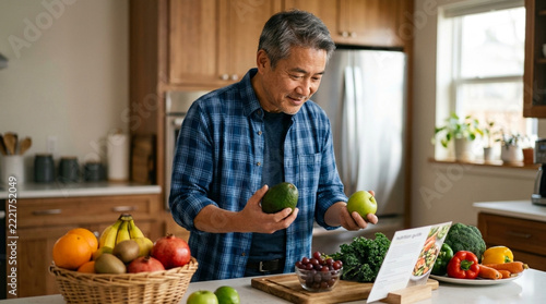 Healthy Man Cooking with Fresh Fruits and Vegetables in Kitchen