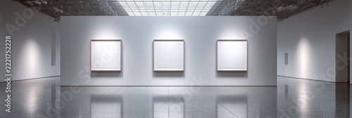 Minimalist art gallery showcasing three empty frames.