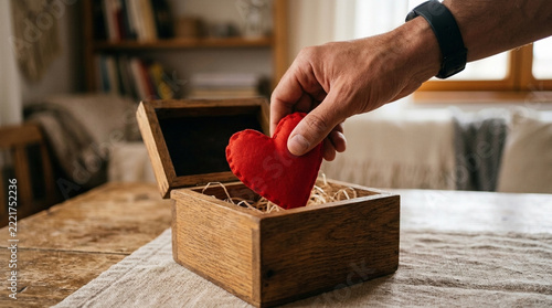 Hand placing red heart into wooden treasure chest symbol of love gift and affection
