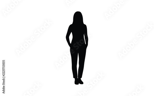 Woman s silhouette stands against a white background presenting a stark and simple form