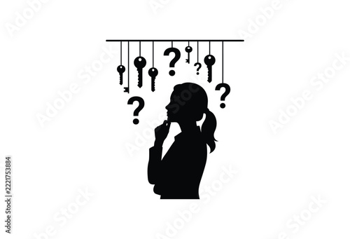 Silhouette of a woman pondering questions represented by keys and question marks figure