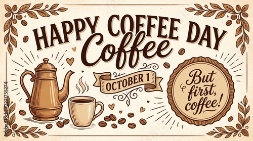 Vintage style coffee day illustration with a kettle and a mug on a textured background