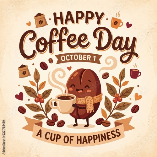 Happy coffee day illustration with a cute coffee bean character holding a hot cup