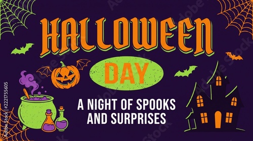 Halloween holiday banner featuring a haunted house and pumpkin with spooky decorative graphic elements
