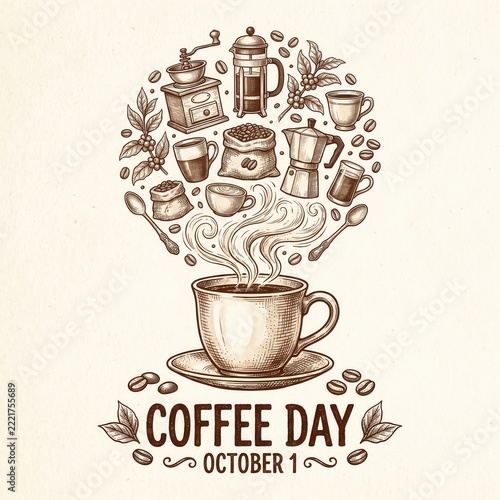 Hand drawn illustration of coffee elements floating above a steaming cup for international coffee day